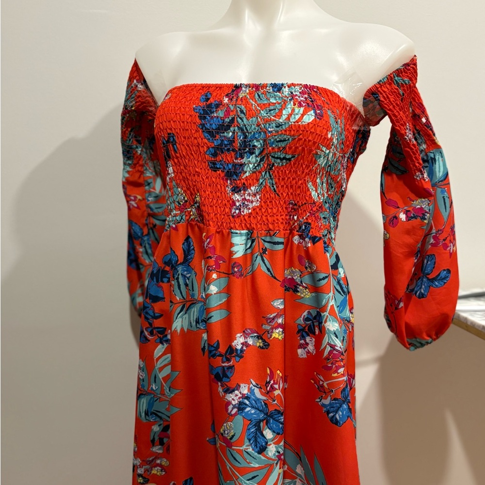 Tristan Red and Blue Floral off of the Shoulder to Mid Arm Sleeve Dress